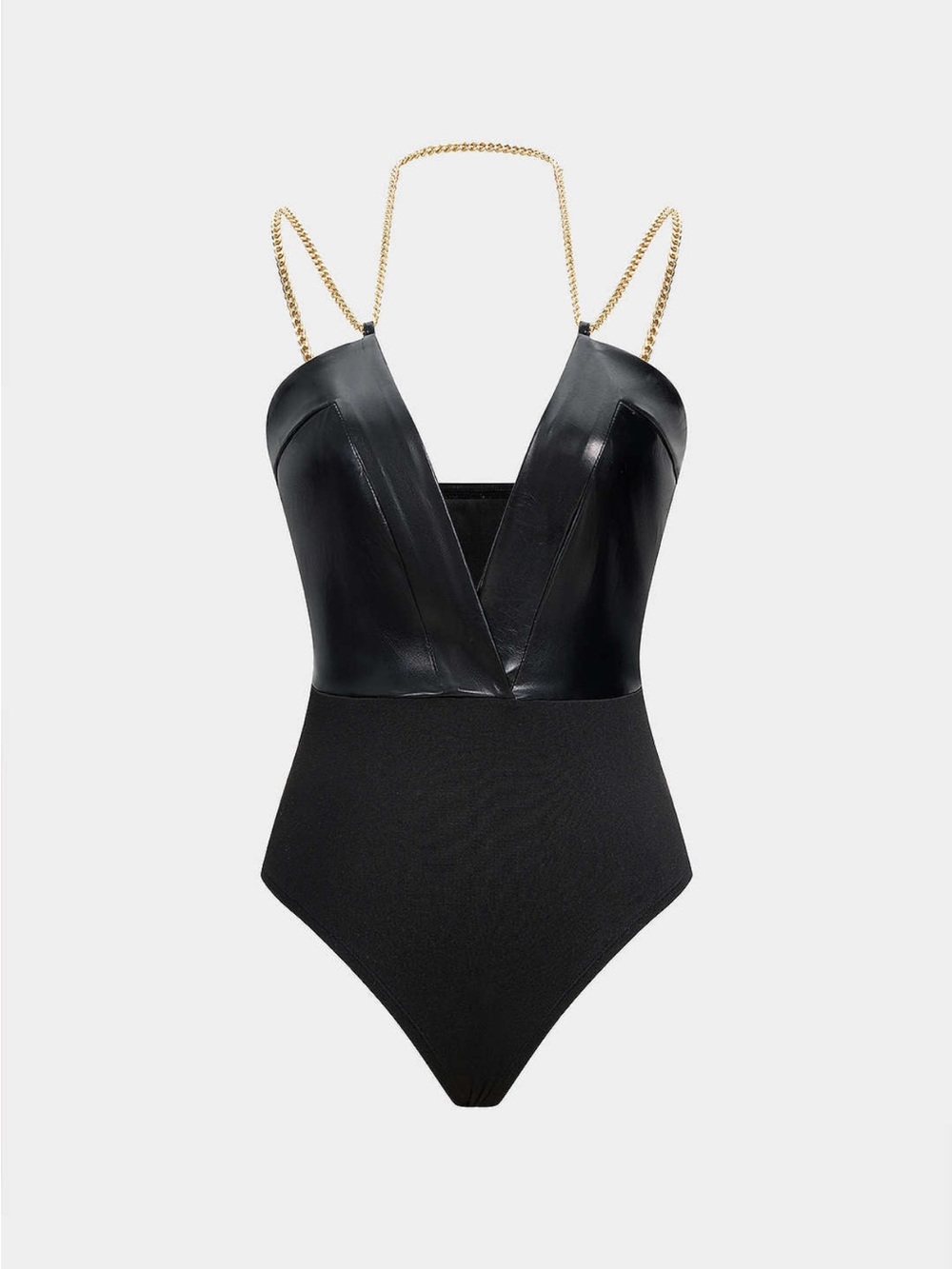 Black Faux Leather Bodysuit with Gold Chain Straps